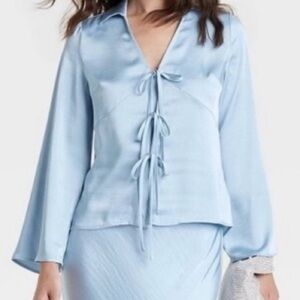 A New Day Women's Long Sleeve Satin Tie Blouse in Light Blue, Size Large